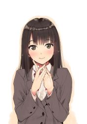 Rule 34 | 1girl, bad id, bad twitter id, black eyes, black hair, blush, fingers together, hareno chiame, long hair, looking at viewer, school uniform, simple background, smile, solo, upper body
