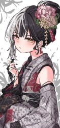 Rule 34 | 1girl, absurdres, akarinnndesu, black eyeliner, black hair, black kimono, blush, earrings, eyelashes, eyeliner, floral print kimono, flower, gloves, grey hair, grey kimono, hair bun, hair flower, hair ornament, highres, hololive, hololive english, japanese clothes, jewelry, kimono, lace, lace-trimmed gloves, lace-trimmed kimono, lace-trimmed shawl, lace gloves, lace trim, long hair, looking at viewer, makeup, multicolored hair, new year, official alternate costume, open mouth, shiori novella, shiori novella (new year), single earring, single hair bun, smile, solo, split-color clothes, split-color hair, two-tone hair, two-tone kimono, virtual youtuber, yellow eyes