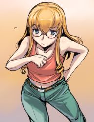 Rule 34 | 00s, bespectacled, blonde hair, blue eyes, blush, casual, denim, from above, glasses, hand on own hip, hip focus, jeans, long hair, aged up, pants, rozen maiden, shinku, solo, tank top, tsuda nanafushi