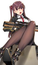 Rule 34 | 1girl, black footwear, black gloves, black pantyhose, black skirt, blazer, bullpup, commentary request, framed breasts, from below, girls&#039; frontline, gloves, gun, h kasei, hair ribbon, half updo, high-waist skirt, holding, holding weapon, jacket, lips, long hair, looking at viewer, necktie, one side up, pantyhose, pink lips, purple hair, red eyes, red necktie, red ribbon, ribbon, rifle, shiny clothes, shoes, simple background, sitting, skirt, sniper rifle, solo, thighband pantyhose, tsurime, wa2000 (girls&#039; frontline), walther, walther wa 2000, weapon, white background