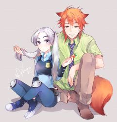 Rule 34 | 1boy, 1girl, animal ears, bad id, bad pixiv id, belt pouch, blue footwear, blue pants, blue shirt, brown pants, carrot, collared shirt, disney, dress shirt, food, fox ears, fox tail, green shirt, grey background, grey eyes, grey hair, grin, holding, holding another&#039;s hair, holding food, judy hopps, knee pads, long hair, long sleeves, looking at viewer, necktie, nick wilde, orange hair, pants, parted bangs, personification, police, police uniform, policewoman, pouch, print shirt, rabbit tail, shirt, shoes, short sleeves, sichol-bell, signature, simple background, sitting, smile, striped necktie, striped neckwear, tail, twintails, uniform, zootopia