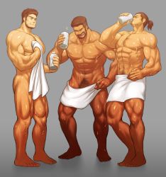Rule 34 | 3boys, abs, absurdres, arm hair, bara, beard, brown hair, character request, check copyright, chest hair, commission, copyright request, dark-skinned male, dark skin, dobito mn, drinking, facial hair, full body, highres, large pectorals, laughing, leg hair, male focus, male pubic hair, mature male, milk, multiple boys, muscular, muscular male, naked towel, navel, navel hair, no nipples, original, pectorals, penis, penis peek, pubic hair, short hair, sideburns, smile, stomach, stubble, thick thighs, thighs, topless male, towel, undercut, wet