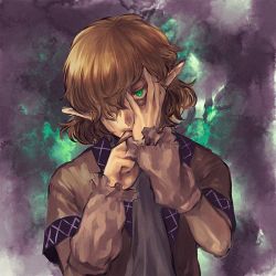 Rule 34 | 1girl, arm warmers, bad id, bad pixiv id, blonde hair, eiri (gb-delta), evil, green eyes, hair over one eye, hand on own face, looking at viewer, mizuhashi parsee, pointy ears, scarf, short hair, short sleeves, t g, touhou