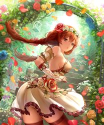 Rule 34 | 1girl, arch, bow, braid, breasts, brown eyes, brown hair, brown thighhighs, cleavage, day, dress, dutch angle, fantasy, floral arch, flower, hair bow, hair flower, hair ornament, head wreath, highres, igusa (rush26), long hair, looking back, low-braided long hair, low-tied long hair, medium breasts, original, outdoors, pink bow, plant, potted plant, solo, stairs, standing, thighhighs, twin braids