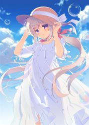 Rule 34 | 1girl, blue sky, blush, bow, brown hat, bubble, cloud, commentary request, day, dress, grey hair, hair between eyes, hair ribbon, hands on headwear, hands up, hat, hat bow, long hair, looking at viewer, low twintails, original, outdoors, parted lips, puffy short sleeves, puffy sleeves, purple eyes, red ribbon, ribbon, santa matsuri, see-through, see-through silhouette, short sleeves, sky, solo, sun hat, twintails, very long hair, white bow, white dress