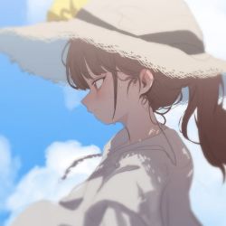 Rule 34 | 1girl, blue sky, blush, brown eyes, brown hair, closed mouth, cloud, cloudy sky, commentary, day, dress, from side, grey hat, hat, heoningu, long hair, looking away, original, outdoors, ponytail, sky, solo, straw hat, sweat, symbol-only commentary, white dress