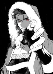 Rule 34 | 1boy, black background, capelet, cu chulainn (caster) (fate), cu chulainn (fate), fate/grand order, fate (series), fingerless gloves, fur-trimmed capelet, fur-trimmed hood, fur trim, gloves, grin, hair between eyes, hood, hood up, looking at viewer, male focus, maripaka, monochrome, reaching, reaching towards viewer, red eyes, simple background, slit pupils, smile, solo, upper body
