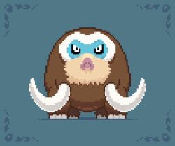Rule 34 | animal focus, black sclera, blue background, blue border, border, colored sclera, creatures (company), full body, game freak, gen 4 pokemon, looking at viewer, mamoswine, nintendo, no humans, pixel art, pokemon, pokemon (creature), simple background, solo, standing, straight-on, tusks, white eyes, wisgarus