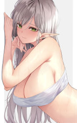 Rule 34 | 1girl, against wall, anza tomo, bandeau, bare shoulders, blush, breasts, cleavage, closed mouth, elf, green eyes, grey hair, large breasts, long hair, looking at viewer, navel, original, pointy ears, smile, solo, strapless, tube top