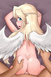Rule 34 | 1girl, absurdres, all fours, angel, angel wings, ass, ass grab, back, blonde hair, blue eyes, doggystyle, flat chest, from above, halo, hetero, highres, ilias, long hair, looking back, mon-musu quest!, nude, open mouth, pointy ears, sex, sex from behind, solo focus, thundragon, vaginal, wings