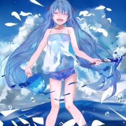 Rule 34 | 1girl, bad id, bad pixiv id, bare shoulders, blue hair, bucket, cloud, daro (645046276), day, closed eyes, hatsune miku, long hair, open mouth, paint, paint can, paintbrush, ran (bukeranwu), short shorts, shorts, sky, solo, twintails, vocaloid, water