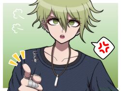Rule 34 | 1boy, :o, amami rantaro, border, collarbone, danganronpa (series), danganronpa v3: killing harmony, ear piercing, earrings, gradient background, green background, green eyes, green hair, hair between eyes, highres, jewelry, male focus, necklace, notice lines, piercing, ring, shirt, short hair, solo, striped clothes, striped shirt, suiren yurei, teeth, upper teeth only, white border