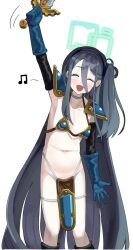 Rule 34 | 1girl, absurdly long hair, aris (blue archive), armor, bikini armor, blue archive, blue armor, blue hair, breasts, closed eyes, dark blue hair, female focus, gloves, hair between eyes, halo, holding, holding sword, holding weapon, long hair, long hair between eyes, navel, no panties, one side up, open mouth, pelvic curtain, simple background, small breasts, suzume b, sword, very long hair, weapon, white background