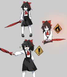 Rule 34 | 1girl, ascot, black footwear, black hair, black skirt, bow, closed eyes, colored skin, cookie (touhou), fang, full body, grey background, hair bow, highres, holding, holding umbrella, looking at viewer, mary janes, multiple views, open mouth, pixel art, red ascot, red bow, red eyes, red umbrella, road sign, shirt, shoes, sign, simple background, siyudi (cookie), skin fang, skirt, smile, sparkle, sparseseethe, suspender skirt, suspenders, umbrella, warning sign, white shirt, white skin