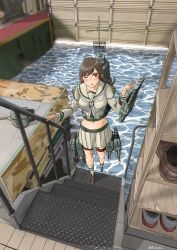 Rule 34 | 1girl, ;o, breasts, brown eyes, brown footwear, brown hair, dock, highres, kachi (kachi5100), kantai collection, kneehighs, large breasts, long hair, looking to the side, machinery, midriff, navel, neckerchief, one eye closed, ooi (kancolle), pleated skirt, remodel (kantai collection), shoes, skirt, socks, solo, torpedo tubes, turret, white neckerchief, white socks
