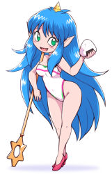 Rule 34 | 1girl, :d, bare arms, bare shoulders, blue hair, blush, breasts, cameltoe, covered erect nipples, covered navel, crossed legs, eyebrows, fangs, food, full body, green eyes, groin, high heels, holding, holding food, horns, long hair, medium breasts, momotarou densetsu, nollety, one-piece swimsuit, oni, oni horns, onigiri, open mouth, pink footwear, pointy ears, shadow, shoes, sidelocks, simple background, single horn, smile, solo, staff, standing, swimsuit, very long hair, watson cross, white background, white one-piece swimsuit, yashahime (momotarou densetsu)