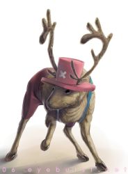 Rule 34 | animal, antlers, backpack, bag, blue nose, full body, hat, hooves, horns, no humans, one piece, reindeer, shorts, simple background, solo, tony tony chopper, x (symbol)