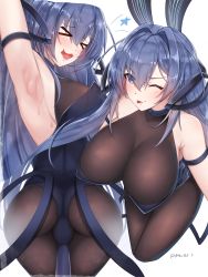 Rule 34 | &gt; &lt;, 1girl, :3, absurdres, aisuxice, animal ears, armpits, ass, azur lane, bad multiple views, bare shoulders, black leotard, black pantyhose, blue eyes, blue hair, blush, breasts, cleavage, fake animal ears, hair intakes, highres, large breasts, leotard, long hair, multiple views, new jersey (azur lane), new jersey (exhilarating steps!) (azur lane), official alternate costume, one eye closed, pantyhose, playboy bunny, pole, see-through, see-through cleavage, signature, star (symbol), tongue, tongue out, very long hair