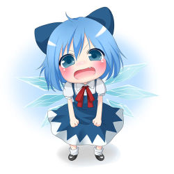 Rule 34 | 1girl, akira b, angry, blue eyes, blue hair, blush, bow, cirno, deformed, fang, full body, hair bow, lowres, mary janes, matching hair/eyes, shoes, simple background, solo, touhou