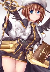 Rule 34 | 1girl, armor, blue eyes, blush, brown hair, chonkoo, fingerless gloves, gloves, hair ornament, hat, highres, holding, long sleeves, lyrical nanoha, mahou shoujo lyrical nanoha, mahou shoujo lyrical nanoha strikers, puffy sleeves, schwertkreuz, skirt, smile, solo, staff, tome of the night sky, waist cape, wings, x hair ornament, yagami hayate