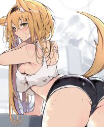 Rule 34 | 1girl, animal ears, arknights, arm support, armpit peek, ass, ass focus, bare shoulders, bike shorts, black hairband, black shorts, blonde hair, blush, breasts, commentary request, cowboy shot, crop top, crossed bangs, from behind, green eyes, hair between eyes, hairband, highres, horn (arknights), indoors, kyuu (plastic night q), leaning forward, long hair, looking at viewer, looking back, medium breasts, parted lips, shorts, sideboob, sidelocks, solo, stomach, sweat, tail, tank top, thighs, white tank top, wolf ears, wolf girl, wolf tail