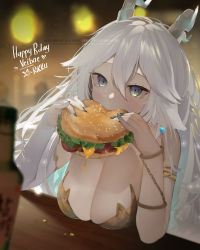 Rule 34 | 1girl, blue nails, blush, bracelet, breasts, burger, cleavage, commentary, detached sleeves, dutch angle, dyarikku, eating, food, food in mouth, grey eyes, hair between eyes, happy birthday, highres, holding, holding food, horns, jewelry, large breasts, long hair, long sleeves, nail polish, single detached sleeve, solo, upper body, vei (vtuber), vei (vtuber) (sky empress), virtual youtuber, vshojo, white hair
