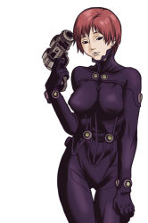 Rule 34 | 1girl, absurdres, artist request, black bodysuit, bodysuit, breasts, brown eyes, brown hair, curvy, female focus, gantz, gantz suit, gun, highres, holding, holding gun, holding weapon, kishimoto kei, large breasts, looking at viewer, parted lips, shiny clothes, short hair, skin tight, solo, standing, weapon, white background, wide hips