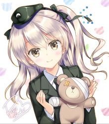 Rule 34 | 10s, 1girl, bandages, boko (girls und panzer), brown eyes, brown hair, emblem, girls und panzer, hairband, hat, long hair, looking at viewer, military, military hat, military uniform, rei (rei&#039;s room), ribbon, selection university military uniform, shimada arisu, side ponytail, smile, solo, stuffed animal, stuffed toy, teddy bear, uniform