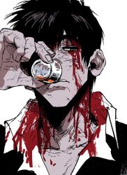 Rule 34 | 1boy, black hair, black jacket, blood, blood on clothes, blood on face, collared shirt, cup, drinking, drinking glass, green eyes, hand up, highres, holding, holding cup, jacket, looking away, male focus, my nameisyoon, nicholas d. wolfwood, shirt, short hair, shot glass, simple background, solo, trigun, upper body, white background, white shirt