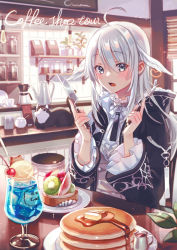 Rule 34 | 1girl, ahoge, apple, apple rabbit, apple slice, black cat, black jacket, black neckwear, window blinds, blue eyes, blurry, blurry background, blush, cafe, cake, cat, chair, cherry, coffee maker, collar, commentary request, creamer (vessel), cup, drink, drinking glass, english text, eyes visible through hair, fang, food, food art, food request, fork, frilled shirt, frills, fruit, glint, grey collar, grey hair, hair between eyes, hair wings, hands up, head wings, highres, holding, holding fork, holding knife, hood, hood down, ice, ice cream, ice cream float, ice cube, indoors, jacket, jar, kettle, kiwi (fruit), kiwi slice, knife, long hair, long sleeves, open clothes, open jacket, open mouth, original, pancake, pancake stack, pastry, peach, peach slice, plant, plate, potted plant, restaurant, saucer, shelf, shirt, sitting, skin fang, solo, sparkle, stool, sugar bowl, suzaku (zaku6584), table, teacup, white shirt, wide sleeves, wings