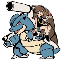 Rule 34 | 1girl, bag, bare shoulders, black footwear, black shirt, blastoise, blue shorts, blush, blush stickers, breasts, brown eyes, brown hair, cannon, claws, closed mouth, collarbone, creatures (company), female focus, full body, game freak, gen 1 pokemon, green (pokemon), hand up, happy, highres, holding, holding poke ball, long hair, looking at another, looking to the side, matching hair/eyes, mega blastoise, mega pokemon, nintendo, open mouth, outline, poke ball, poke ball (basic), pokemon, pokemon (creature), pokemon lgpe, red eyes, semi kon, shirt, shoes, short shorts, shorts, simple background, sitting, sketch, sleeveless, sleeveless shirt, small breasts, smile, standing, sweatband, white background, white outline