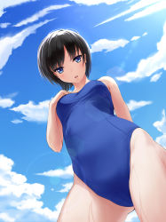 Rule 34 | 1girl, absurdres, bare arms, bare shoulders, black hair, blue eyes, cloud, cloudy sky, contrapposto, cowboy shot, day, dutch angle, foreshortening, from below, highleg, highleg swimsuit, highres, kano sakurai, lens flare, looking at viewer, looking down, one-piece swimsuit, open mouth, original, outdoors, school swimsuit, short hair, shouye ying, sky, solo, standing, swimsuit, wet