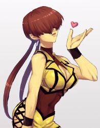 Rule 34 | 1girl, breasts, brown hair, cleavage, cleavage cutout, clothing cutout, covered eyes, cropped jacket, earrings, hair over eyes, jacket, jewelry, lips, long hair, murata tefu, open mouth, ponytail, shermie (kof), simple background, skirt, smile, snk, solo, split ponytail, the king of fighters, white background