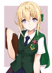 Rule 34 | 1girl, blonde hair, blouse, blue necktie, blue skirt, blush, braid, braided bangs, breasts, buttons, clipboard, cloak, closed mouth, commentary, green cloak, green vest, hair between eyes, hair ribbon, highres, holding, holding clipboard, kantai collection, medium breasts, mmt uf, necktie, perth (kancolle), plaid, plaid skirt, purple eyes, ribbon, shirt, short sleeves, skirt, solo, upper body, vest, white shirt