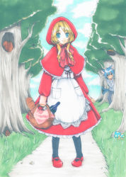 Rule 34 | 1boy, 1girl, apple, apron, big bad wolf, black legwear, blonde hair, blue eyes, blue hair, bottle, bread, cape, capelet, dress, food, forest, fruit, grass, grimm&#039;s fairy tales, hood, little red riding hood, little red riding hood (grimm), mary janes, matching hair/eyes, mushroom, nature, original, red cape, red dress, red footwear, shoes, solo, squirrel, tree, usashiro mani
