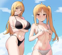 Rule 34 | 2girls, ahoge, alternate breast size, amogan, arms under breasts, bare shoulders, bikini, black bikini, black choker, black vs white, blonde hair, blue sky, blush, bocchi the rock!, breast conscious, breast envy, breast hold, breasts, choker, cleavage, cloud, commentary, covering breasts, covering privates, crossed arms, day, female focus, flying sweatdrops, halterneck, highres, huge breasts, ijichi nijika, ijichi seika, large breasts, light frown, looking at viewer, looking to the side, multiple girls, navel, siblings, side ponytail, sidelocks, sisters, sky, small breasts, standing, stomach, sweatdrop, swimsuit, white bikini