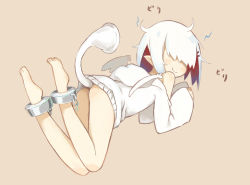 Rule 34 | 1girl, all fours, ankle cuffs, antenna hair, bare shoulders, barefoot, blonde hair, blush, clothes lift, feet, hair ornament, hair over eyes, hairclip, highres, hood, hoodie, khezu, lightning bolt symbol, looking back, monster girl, monster hunter (series), multicolored hair, personification, pointy ears, red hair, sepia background, sidelocks, simple background, sketch, skirt, skirt lift, smile, solo, tail, tail raised, toes, two-tone hair, white hair, white theme, wide sleeves, wings, zizi niisan