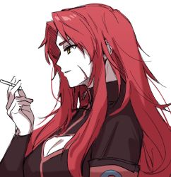 Rule 34 | ap5ry, armband, bodysuit, breasts, cigarette, cleavage, cleavage cutout, clothing cutout, facial scar, gebura (project moon), lobotomy corporation, long hair, long sleeves, project moon, red hair, scar, scar on cheek, scar on face, white background, yellow eyes, zipper
