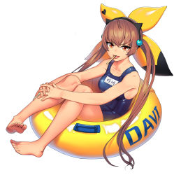 Rule 34 | 1girl, barefoot, blue one-piece swimsuit, brown eyes, brown hair, cain (gunnermul), character name, collarbone, davi (destiny child), destiny child, full body, hair ornament, highres, innertube, knees up, long hair, looking at viewer, mouth hold, one-piece swimsuit, open mouth, simple background, sitting, solo, swim ring, swimsuit, twintails, very long hair, white background