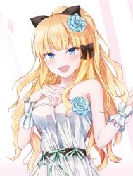 Rule 34 | 1girl, black bow, blonde hair, blue eyes, blush, bow, breasts, elf, flower, hair bow, hair flower, hair ornament, highres, large breasts, long hair, looking at viewer, open mouth, pointy ears, ponytail, princess connect!, saren (princess connect!), smile, solo, swimsuit, yurihana
