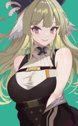 Rule 34 | 1girl, absurdres, arknights, bare shoulders, binware, black headwear, feathers, green background, green hair, hat feather, highres, long hair, looking at viewer, poncirus (arknights), purple eyes, shirt, simple background, sleeveless, sleeveless shirt, smile, solo, upper body, white feathers
