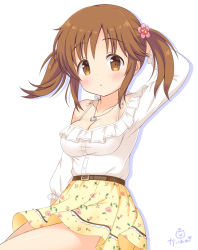 Rule 34 | 10s, 1girl, :o, arm behind head, arm up, artist name, bare shoulders, belt, belt buckle, blush, breasts, brown belt, brown eyes, brown hair, buckle, cleavage, collarbone, commentary request, floral print, flower, frilled shirt, frills, hair flower, hair ornament, halterneck, halterneck, heart, heart necklace, high-waist skirt, idolmaster, idolmaster cinderella girls, idolmaster cinderella girls starlight stage, kaiware-san, long sleeves, looking at viewer, medium breasts, necklace, off-shoulder shirt, off shoulder, parted lips, print skirt, rose print, shirt, signature, simple background, sitting, skirt, solo, totoki airi, twintails, white background, white shirt, yellow skirt