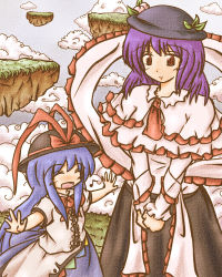Rule 34 | 2girls, blue hair, bow, cloud, dress, female focus, food, frills, fruit, hat, hat bow, hat ribbon, hinanawi tenshi, long hair, multiple girls, musical note, nagae iku, open mouth, outstretched arms, peach, purple hair, red eyes, ribbon, shawl, smile, touhou, aged down, ys (ytoskyoku-57)