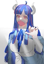 Rule 34 | ahoge, blue cape, blue hair, blue ribbon, blue skirt, cape, covered mouth, curled horns, dinosaur girl, glass, horns, mask, mouth mask, multicolored hair, one piece, pink eyes, pink hair, pink mask, raine (acke2445), ribbon, shirt, shirt tucked in, skirt, streaked hair, ulti (one piece), white shirt