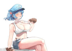 Rule 34 | 1girl, absurdres, accidental exposure, alternate costume, black panties, blue hair, blue hat, blue shorts, blush, brown gloves, commentary, crop top, crossed legs, feet out of frame, fingerless gloves, flat cap, gloves, hair bobbles, hair ornament, hat, highleg, highleg panties, highres, hot, kawashiro nitori, midriff, navel, nipple slip, nipples, open mouth, panties, short hair, short shorts, shorts, shuchuu (sake bug), sidelocks, simple background, sitting, solo, sweat, tank top, thick eyebrows, touhou, two side up, underwear, white background, white tank top