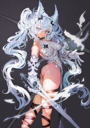 Rule 34 | 1girl, ass, bird, blue eyes, breasts, feet out of frame, gloves, highleg, highleg leotard, holding, holding sword, holding weapon, large breasts, leotard, long hair, looking at viewer, original, sleeveless, solo, sword, twintails, very long hair, voruvoru, weapon, white hair, white leotard