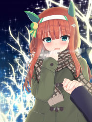 Rule 34 | 1girl, :d, animal ears, blush, breath, brown hair, brown scarf, christmas, coat, commentary request, fingernails, fringe trim, green coat, green eyes, hair between eyes, hair ornament, hairband, hand up, holding hands, horse ears, long hair, long sleeves, night, night sky, open mouth, out of frame, plaid, plaid scarf, revision, scarf, silence suzuka (umamusume), sky, sleeves past wrists, smile, solo focus, sonosakiburi, sparkle, star (sky), starry sky, umamusume, white hairband