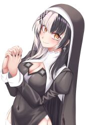 Rule 34 | 1girl, absurdres, alternate costume, black hair, black nails, blush, breasts, cleavage, covered navel, dress, earrings, garter straps, grey hair, habit, hair ornament, highres, hololive, hololive english, jewelry, large breasts, long hair, looking at viewer, mmneko, multicolored hair, nun, own hands together, praying, shiori novella, smile, solo, split-color hair, two-tone hair, virtual youtuber, yellow eyes