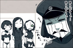 Rule 34 | 10s, 1boy, 3girls, ^ ^, abyssal admiral (kancolle), abyssal ship, admiral (kancolle), admiral suwabe, arms behind back, beard, black hair, chi-class torpedo cruiser, closed eyes, closed mouth, comic, cowboy shot, crying, closed eyes, facial hair, goatee, hat, k-suwabe, kantai collection, looking down, mask, midriff, motion lines, multiple girls, mustache, navel, nervous, pale skin, peaked cap, ri-class heavy cruiser, ru-class battleship, shaded face, smile, snot, standing, stomach, streaming tears, sweat, tears, translation request