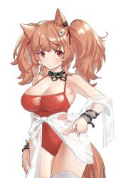 Rule 34 | 1girl, angelina (arknights), angelina (summer flower) (arknights), animal ears, arknights, armpits, bad id, bad pixiv id, bare shoulders, blush, bracelet, breasts, brown hair, casual one-piece swimsuit, chain, cleavage, closed mouth, covered navel, cowboy shot, dishui tangni, hair ribbon, hand on own thigh, infection monitor (arknights), jewelry, large breasts, long hair, looking at viewer, necklace, official alternate costume, one-piece swimsuit, red eyes, red one-piece swimsuit, red ribbon, ribbon, see-through, single thighhigh, solo, swimsuit, swimsuit cover-up, tail, thighhighs, twintails, white thighhighs